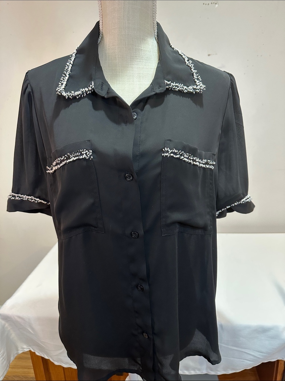 Black Short-Sleeve Button-Down Blouse with White Trim